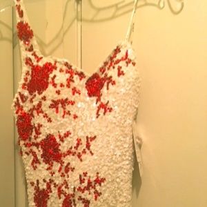 One-Shoulder Red Flower Motif White-Sequined Gown